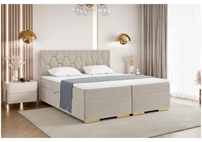 Produktbild von MEBLINI Boxspringbett mit Bettkasten - 180x200 - H3/Beige Samt - Versal - Gepolstert Doppelbett mit Matratze und Topper - Polsterbett mit Stauraum - Bett mit Kopfteil - Stauraumbett