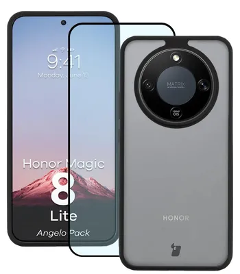 Produktbild von Schutzhülle + gehärtetem Glas für Honor Magic8 Lite, Bizon Angelo Pack, Getönte mit schwarzem Rahmen