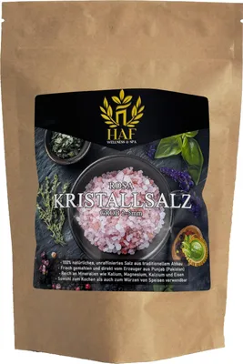Produktbild von HAF 1 x 1 kg Rosa Kristallsalz 2–5 mm | 100% Natürlich, Handabgebaut, Unraffiniert | Steinsalz aus Pakistan | Ideal zum Kochen und für Salzmühlen