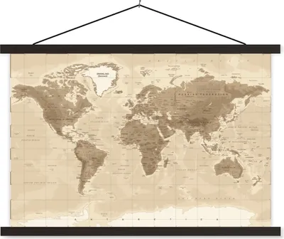Produktbild von MuchoWow® Textilposter Weltkarte - Vintage - Braun 150x100 cm mit schwarzem Rahmen - Schlafzimmer