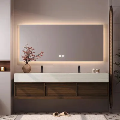 Produktbild von Waschbecken aus Sinterstein Waschbecken Doppelspüle Spüle mit zwei Becken Waschtisch-Set mit LED-Spiegel und Schränk【RW3318-140】