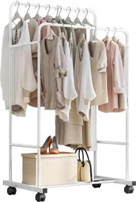 Image de WISFOR Portemanteau sur roulettes, portemanteau avec 2 barres de penderie 2 étagères en métal, charge max. 50kg, pour magasin chambre à coucher dressing,blanc