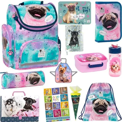Produktbild von Set XXL 12er Schulranzen Ranzen Tornister Federmappe Turnbeutel Zuckertüte Malunterlage Brotdose Trinkflasche Stiftetasche Aufgabenheft Hund Dog Motiv