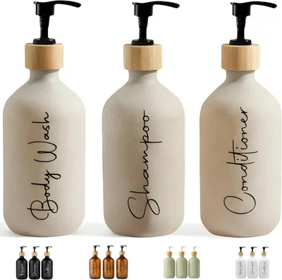 Imagen del producto de Dispensador de jabón para baño - Color beige mate - 500 ml - Juego de 3 para gel y champú - Incluye embudo para rellenar