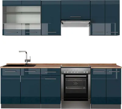 Produktbild von Küchenzeile Vicco Fame-Line Dunkelblau Hochglanz/Anthrazit 240 cm , AP Eiche, Model 49732