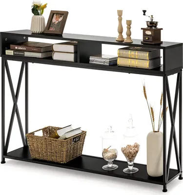 Produktbild von COSTWAY 2 Ebenen Konsolentisch mit offnen Fächern, Flurtisch aus Holz, Standregal, Beistelltisch für Eingang, Wohnzimmer und Schlafzimmer, 120 x 23 x 79 cm (Schwarz)