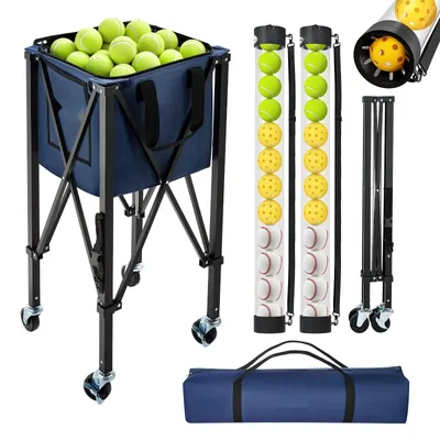 Immagine prodotto di Carrello per palline da tennis – Cesto pieghevole su ruote – Capacità: 150 palline da tennis o 260 palline da pickleball – Struttura leggera in alluminio – Include borsa per il trasporto e tubo di raccolta – Colore: nero