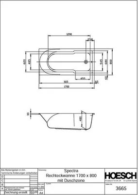 Produktbild von Hoesch Spectra Rechteckbadewanne 1700 x 800 mm mit Duschzone weiß - 3665.010