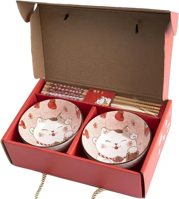 Produktbild von Maneki-Neko-Reisschalen-Set (2 Schalen) – mit Essstäbchen | Set aus Schalen für Reis, Frühstück & Suppe – Japanisches Porzellangeschirr – Glückskatze – Japanische Kawaii-Deko