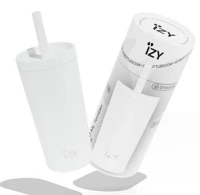 Produktbild von IZY Thermobecher 500ml Weiß, doppelwandig vakuumisoliert, auslaufsicher mit Strohhalm
