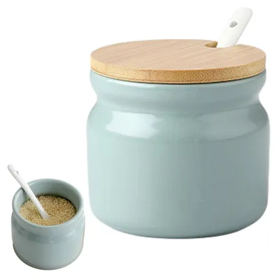 Produktbild von Zuckerdose mit Löffel - 300 ml Keramik Zuckerbehälter mit Holzdeckel