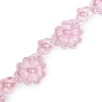 Produktbild von 1m Spitzenborte mit Perle Seidenblüten Borte Satinband 30mm breit Farbwahl, Farbe:rosa