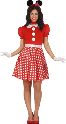 A woman is posing in a Minnie Mouse costume.