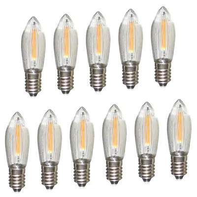 A collection of LED filament light bulbs arranged in two rows against a white background.