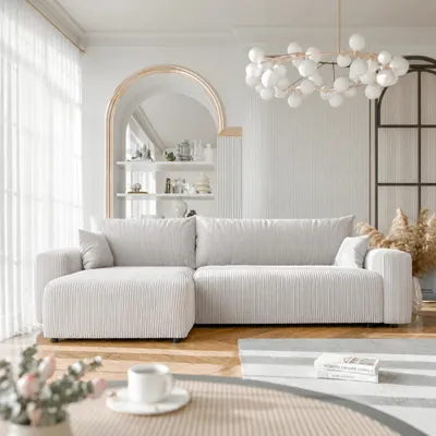 Produktbild von Ecksofa XL Castelo Poso 100 Vanille Cord mit Schlaffunktion und Bettkasten