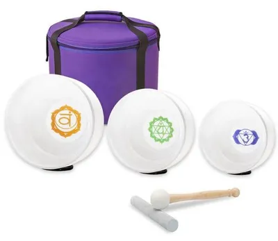 Image de Ensemble de bols chantants keepdrum « 3 chakras », colorés, avec accessoires