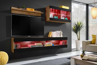 Obrázek produktu pro Nástěnná skříňka, Tivoli SET6, Wotan/černá, šířka 200 cm x výška 195 cm x hloubka 35 cm, LED RGB, do obývacího pokoje, ložnice