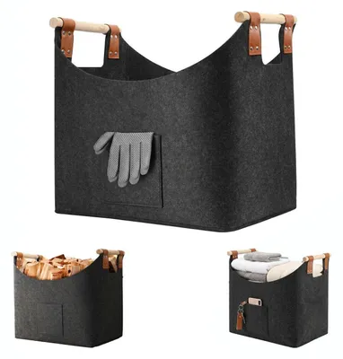 Image de Panier en feutre pour bois de cheminée, 55 litres, dimensions 45x40x32 cm, pliable, avec gants inclus