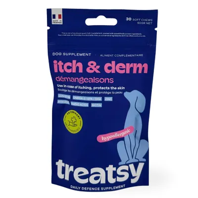 Produktbild von Treatsy Juckreiz Hund | Omega-3, Quercetin, Zink, Biotin | hypoallergen | 30 Snacks | Haut, Fell, Anti-Juckreiz