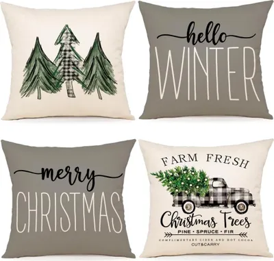Produktbild von Kissenbezug Weihnachten 40x40 4er Set Kissenbezš¹ge Grau Christmas Weihnachtskissen Kiefernmotiv Kissenhš¹llen fš¹r Weihnachtsdeko Innen Sofa Schlafzimmer Dekokissen