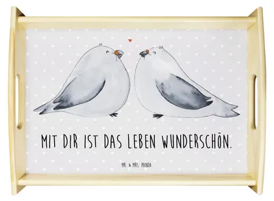 Produktbild von Mr. & Mrs. Panda Servier Tablett Turteltauben Liebe - Grau Pastell - Geschenk, Dekotablett, aus holz, Tauben, Hochzeitstag, Holztablett, Deko, Freundin, Frühstückstablett