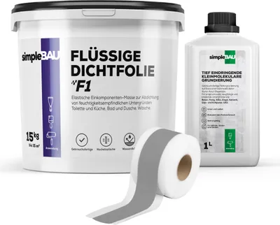 Produktbild von SimpleBau F1 Dichtset Flüssigdichtfolie gebrauchsfertig + Grundierung + elastisches Dichtband für Fugen und Ecken zum Abdichten von Bädern, 15kg + 1l + 10M