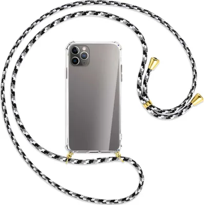 Produktbild von Handykette Backcover-Schutzhülle mit Band (Metall goldfarben) für Apple iPhone 11 Pro Max - schwarz/grau/weiß