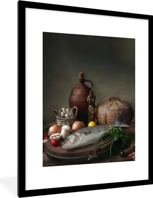 Produktbild von MuchoWow® Gerahmtes Poster Rustikal - Fisch - Stilleben - Gemüse - Kräuter 60x80 cm - Poster mit Schwarzem Bilderrahmen Wandposter Rahmen Foto Bilder - Wohnzimmer - Dekorationen - Prämie