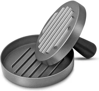 Image de Presse à hamburger en aluminium avec manche en bois - Diamètre : 110 mm - Hauteur : 11,9 mm - Pour hamburgers de viande et de légumes