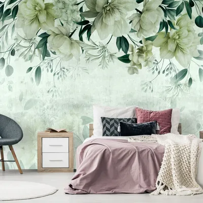 Produktbild von Vlies Fototapete Blumen 400x280 cm Tapeten Wandtapete XXL Blätter Natur Pflanzenmotiv Betonoptik Grüntöne b-C-10144-a-b