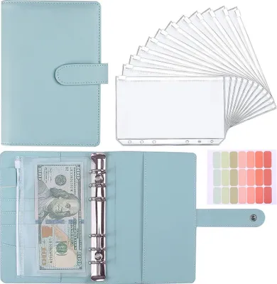 Immagine prodotto di Taccuino Binder, tasca con cerniera Taccuino Binder, Binder A6 Budget con 12 tasche Binder Pocket e 21 etichette adesive, blu