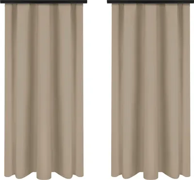 Two beige curtains hanging side-by-side against a white background.