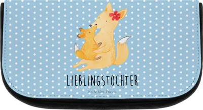 Produktbild von Mr. & Mrs. Panda Schminkbeutel Fuchs Mama - Blau Pastell - Geschenk, Make-Up Tasche, fächertasche, Mutter, Kosmetiktasche, Vatertag, Tochter, Waschbeutel, Schoß