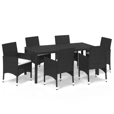 Produktbild von 7-tlg. Garten-Essgruppe mit Kissen Poly Rattan Schwarz