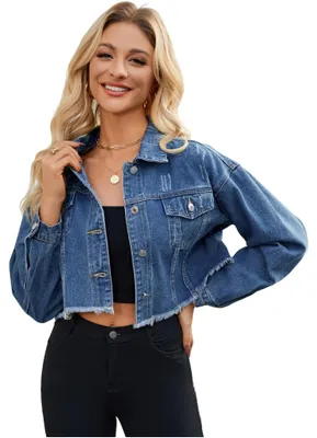 Produktbild von LONGYIDA Damen Jeansjacke Button Down Cropped Ausgefranste Jeansjacke Mantel - B