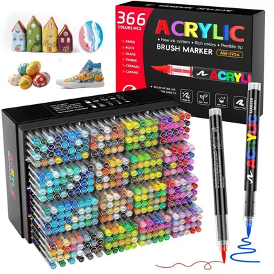 Zdjęcie produktu dla Zestaw markerów akrylowych, 366 kolorów, wodoodpornych, z końcówką pędzelkową o grubości 1-5 mm, do malowania na kamieniach, szkle, tkaninach, drewnie, metalu i do dekoracji