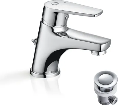 Produktbild von Chrom Bad Wasserhahn Waschtischarmatur mit Ablaufgarnitur Waschbecken Bad Armatur mit Zugstange