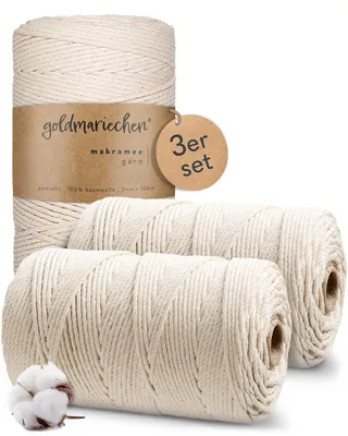 Produktbild von Makramee Garn 3er Set (Naturell) 3mm x á 200m - 100% Baumwolle Makrameegarn Baumwollgarn für DIY-Deko Wandbehang, Blumenampel, Vorhang, Traumfänger