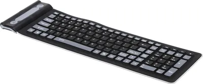 A black and gray flexible keyboard is shown from a slightly elevated side angle against a white background.