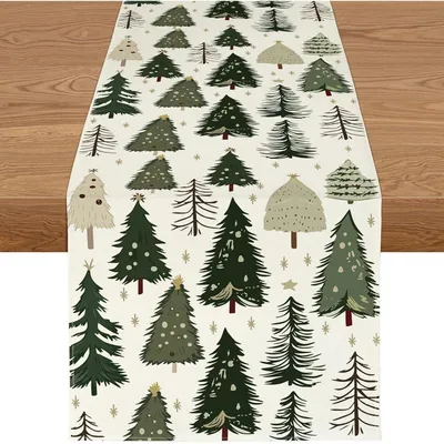 Zdjęcie produktu dla Bieżnik świąteczny, wzór choinek, kolor zielony, 40x140 cm, wodoodporny, mieszanka lnu