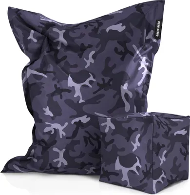 Produktbild von Green Bean® XXL Riesensitzsack 140x180cm + Hocker 40x40x40cm mit EPS-Perlen Füllung - 2er Set Sitzsack "Square+Cube" Camouflage Schwarz