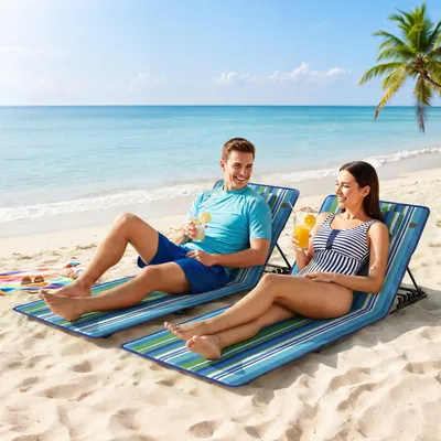 Produktbild von 2er Set Strandmatte mit Verstellbarer Rückenlehne klappbar leicht Strandliege mit Kopfkissen Aufbewahrungstasche, Blau+Grün+Weiß