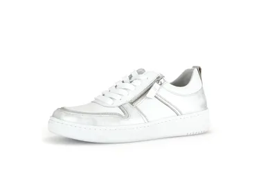 A single white and silver sneaker is shown against a white background.