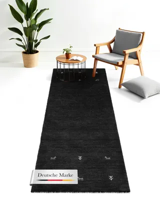 Produktbild von Wollteppich Gabbeh Uni Läufer Schwarz 60x180 cm | Moderner Teppich für Wohn- und Schlafzimmer