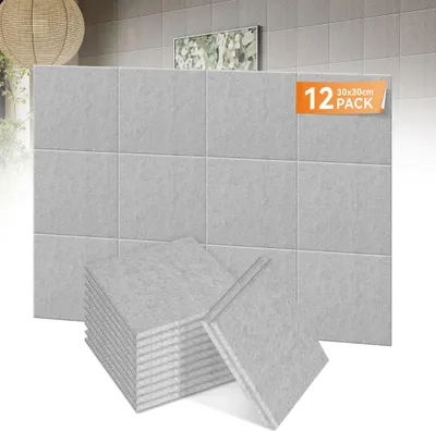 Zdjęcie produktu dla LZQ zestaw 12 kwadratowych paneli akustycznych 30x30x0,9 cm samoprzylepnych bez wzoru Izolacja akustyczna jasnoszara