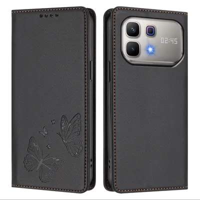 Image de Étui en cuir pour Infinix Note 60 5G, étui de protection type portefeuille en cuir gaufré motif papillon avec support, noir