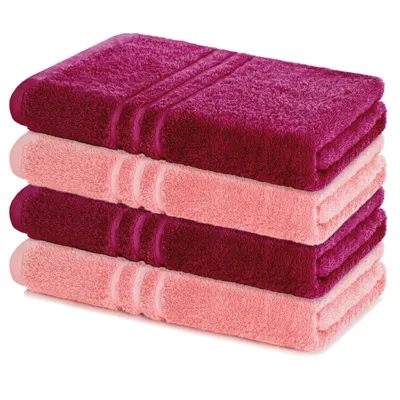 Produktbild von Lavea® 4er Set Duschtuch 70x140, 4 Stück, 100% Baumwolle Frottee, saugstark, weich und strapazierfähig, waschbar 60°C, trocknergeeignet, Handtuch, Handtücher, Duschtücher, Bordeaux & Pastellrosa