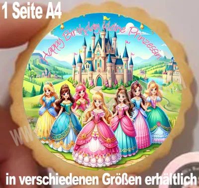 Produktbild von Prinzessinnen Happy Birthday rund  Aufleger  klein 1 Seite A4 in verschiedenen Größen für Kekse Muffins Kuchen Fondantpapier Dekorpapier Profiqualität keine - einfach selber ausschneiden 4,5 cm 24 Stk.