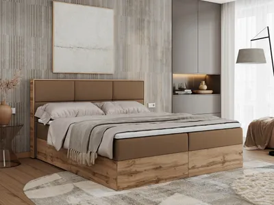 Produktbild von Boxspringbett, Doppelbett mit bettkasten und Multipocket-Matratze, Polsterbett mit Kopfteil, Eiche Holzrahmen - Albero-2 - 200x200cm - Braun Kunstleder - H4