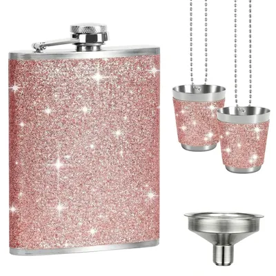 Heupfles 240 ml Edelstahl rosa Glitzer mit 2 Gläsern, tragbar